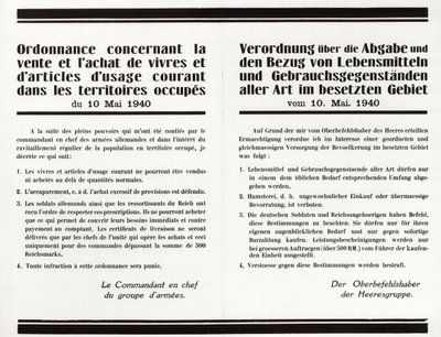 Verordening betreffende de verkoop en aankoop van voedsel en gebruiksartikelen in de bezette gebieden - Frans-Duitse tweetalige poster door Anonymous Anonymous