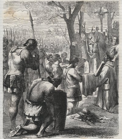 Otto I, Heilige Roomse Keizer ontvangt communie voor de Slag bij Lechfeld (955) - De Duitse Keizer Otto I (Othon) (912-973) ontving communie voor de Slag bij Lechfeld in 955 - gravure uit 1864 door Anonymous Anonymous