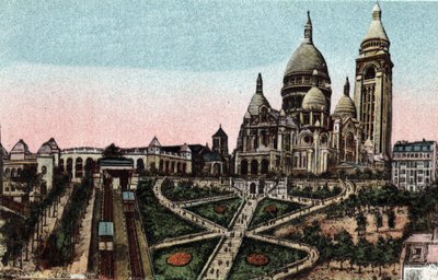 Parijs: kabelbaan en Basiliek van het Heilig Hart (Sacré-Coeur) op de Butte Montmartre. Foto uit 1920 in 