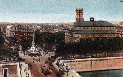 Parijs: aanzicht van de Place du Chatelet en het Sarah-Bernhardt Theater (hedendaags Theatre de la Ville). Op de achtergrond de Saint Jacques Toren (Saint Jacques). Foto uit 1920 in 