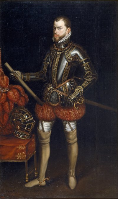 Portret van Filips II (1527-1598) in harnas van de slag bij Saint Quentin door Anonymous Anonymous