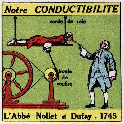 Fysiologische effecten van elektriciteit: ervaring van Abbe Jean Antoine Nollet (1700-1770) en Charles Francois Du Fay (1698-1739) in 1745 over de geleiding van het menselijk lichaam. Anonieme illustratie uit 1925. Privécollectie. door Anonymous Anonymous