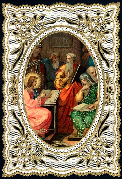 Vrome afbeelding: Jezus kind met dokters. Dentelkaart. Chromolithografie begin 20e eeuw Privécollectie door Anonymous Anonymous