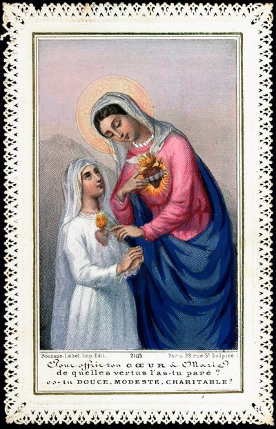 Vrome afbeelding: Klein meisje in communiejurk biedt haar hart aan de Maagd Maria aan. Dentelee kaart. 19e eeuw. Privécollectie door Anonymous Anonymous