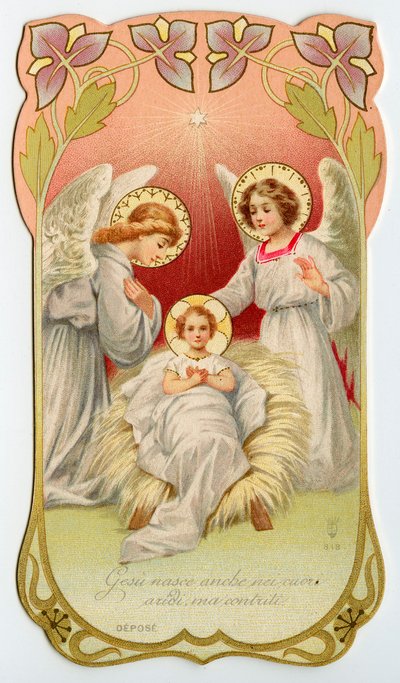 Vrome afbeelding: Geboorte van Jezus met Twee Engelen (chromolithografie) door Anonymous Anonymous