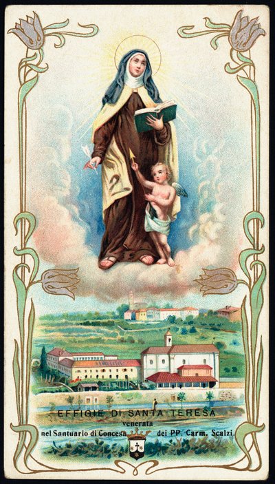 Vrome afbeelding: “Voorstelling van Sint Theresia van Jezus of Avila (1515-1582), Spaanse mystica en karmelietes” - Chromolithografie - Privécollectie door Anonymous Anonymous