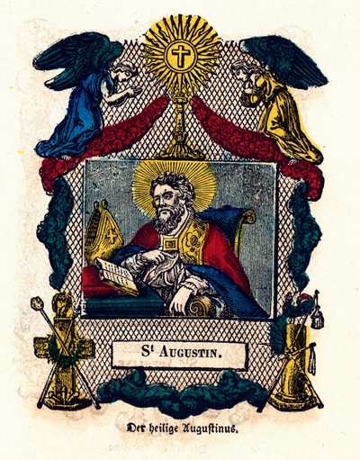 Vrome afbeelding: Sint Augustinus (Augustinus van Hippo (354 - 430), bisschop en kerkleraar, auteur van de Regel van Sint Augustinus en Belijdenissen). Gravure uit de 19e eeuw Privécollectie door Anonymous Anonymous