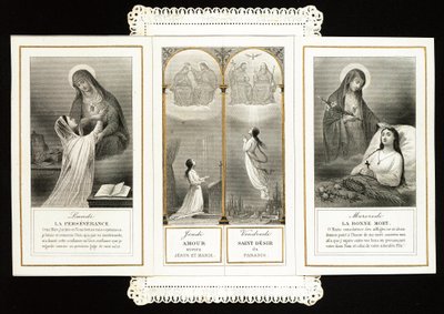 Vrome afbeelding: “volharding, Liefde voor Jezus en Maria, het Heilige Verlangen naar het Paradijs, de Goede Dood” - Kartonnen drieluik - 19e eeuw - Privécollectie door Anonymous Anonymous