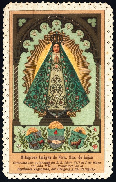 Vrome afbeelding: voorstelling van Nuetra Seniora (Onze Lieve Vrouw) van Lujan, beschermheilige van Argentinië, Paraguay en Uruguay. Dentelkaart Privécollectie door Anonymous Anonymous