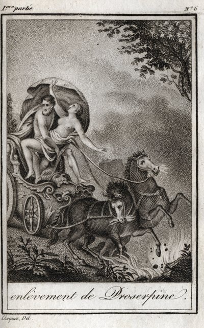 Pluto (Hades) neemt Persephone (Proserpina) voor haar moeder, Ceres (Demeter), en brengt haar naar het rijk van de Onderwereld. Pluto ontvoert Persephone naar zijn rijk, de onderwereld, in de Griekse mythologie. Gravure uit 1819 in 