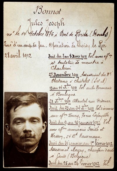 Politieblad van crimineel Jules Bonnot (1876-1912) met lijst van misdaden door Anonymous Anonymous