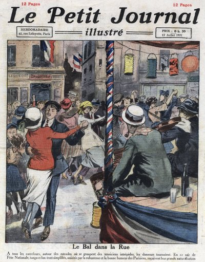 Populaire bals in de straten van Parijs ter gelegenheid van het nationale feest op 14 juli. Illustratie uit 
