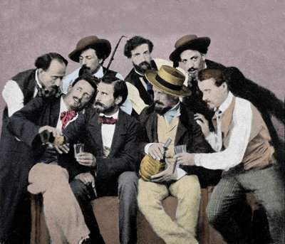 Portretgroep van kunstenaars (Macchiaioli) in Florence: onder hen linksboven naar rechts Gaetano Bianchi, Cristiano Banti, Vito d