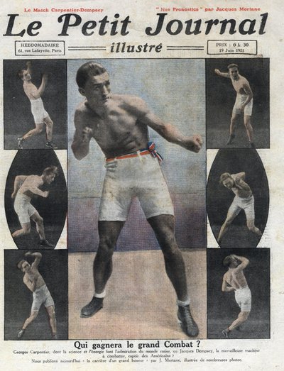 Portret van de Franse bokser Georges Carpentier die zal vechten tegen de Amerikaanse bokser Jack Dempsey voor de titel van Wereldkampioen. Illustratie uit 