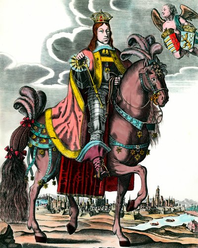 Portret van Leopold I, Heilige Roomse Keizer - Ruiterportret van Leopold I (1640 - 1705) Koning van Hongarije, Bohemen, Dalmatië, Kroatië en Duitse Keizer. Gravure uit de 17e eeuw. Privécollectie door Anonymous Anonymous