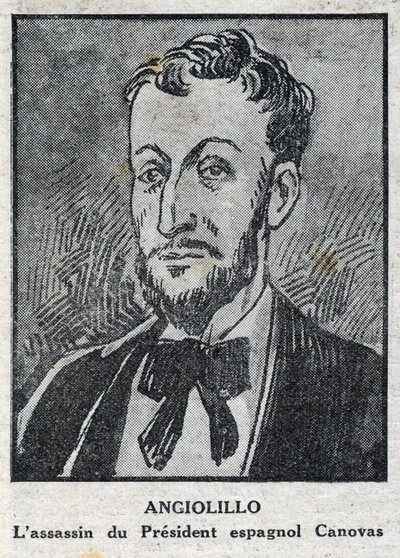 Portret van Michele Angiolillo Lombardi, Italiaanse anarchist (1871-1897), moordenaar van de Spaanse president Antonio Canovas del Castillo (1828-1897). Gravure in 