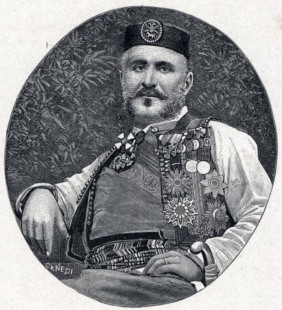 Portret van Nicolaas I van Montenegro (Nikola I Petrović-Njegoš) (1841-1921), Prins van Montenegro en de Berda. Gravure in “Les Missions Catholiques au XIXème Siècle” door Louis-Eugène Louvet. Privécollectie door Anonymous Anonymous
