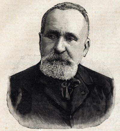 Portret van Pierre Puvis de Chavannes (1824-1898) Franse schilder, destijds voorzitter van de Société Nationale des Beaux Arts. Gravure in 