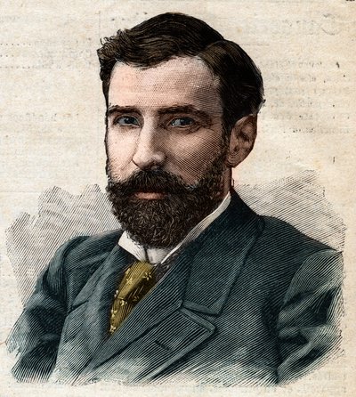 Portret van Pietro Paolo Savorgnan di Brazza of Pierre Paul François Camille Savorgnan de Brazza in het Frans (1852-1905) Gouverneur-generaal van Frans Congo. Gravure in "Le Petit Parisien" door Anonymous Anonymous