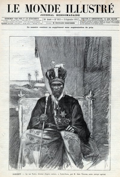 Portret van Tofa I (Toffa) (circa 1850-1908), koning van Dahomey (Benin) in Porto Novo (Porto-Novo). Een krant. Gravure in 