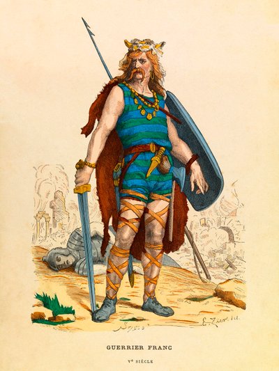 Portret van een Frankische krijger tijdens de Oudheid - Gravure - Privécollectie door Anonymous Anonymous