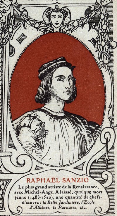 Portret van de Italiaanse renaissance schilder Raphael (Raffaello Sanzio 1483-1520). Gravure uit 1914. Privécollectie. door Anonymous Anonymous
