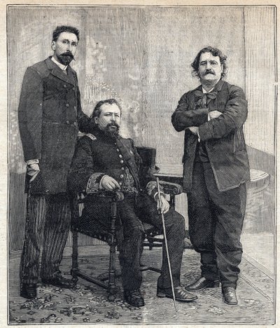 Portret van de drie "Academici": Marius Tournade, Achille Le Roy en Maxime Lisbon (1839-1905) die de Franse Academie wilden belachelijk maken. Gravure in "Le Petit Parisien" op 4/06/1893. door Anonymous Anonymous