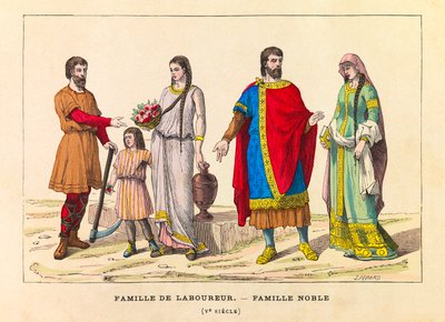 Portretten en kostuums van een ploegersfamilie en een adellijke familie in de 5e eeuw, gravure - privécollectie door Anonymous Anonymous