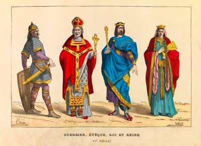 Portretten en kostuums van een krijger, een bisschop, een koning en een koningin in de 6e eeuw, gravure door Anonymous Anonymous