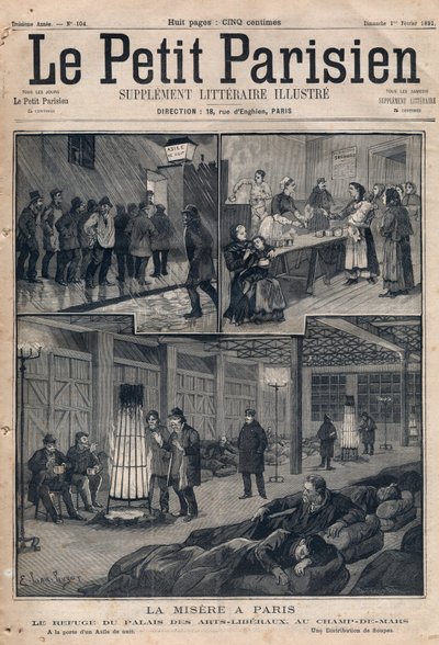 Armoede in Parijs: het toevluchtsoord van het Palais des arts-liberaux in het veld van maart - bij de deur van een asiel - een soepuitdeling. Gravure in 