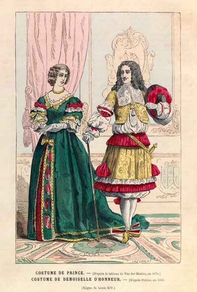 Prinsenkostuum en bruidsmeisjeskostuum onder de regering van Lodewijk XIV (1638-1715) - privécollectie door Anonymous Anonymous