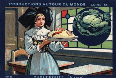 Producties over de hele wereld: zuurkool in de Elzas. Chromolithografie uit 1933 in 