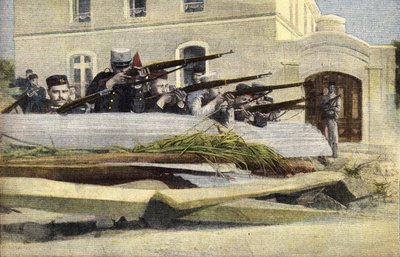 Portugese revolutie: barricade op een straat in Lissabon. Gravure. Een van de kranten 