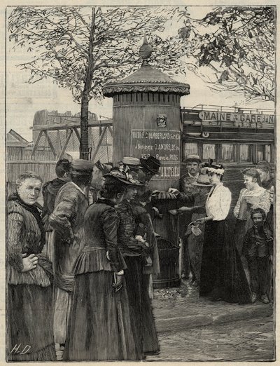 Openbare hygiëne: inwoners van Parijs gebruiken een van de gefilterde waterfonteinen geïnstalleerd in het 15e arrondissement. Deze fonteinen hebben een Chamberland Pasteur-systeemfilter. Gravure in 