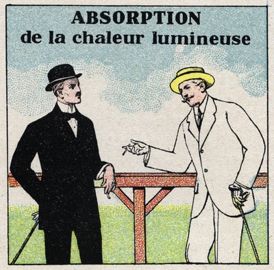 Straling en geleiding: verschillende lichtwarmteabsorptie afhankelijk van de kleur van de kleding. Anonieme illustratie uit 1925. Privécollectie. door Anonymous Anonymous