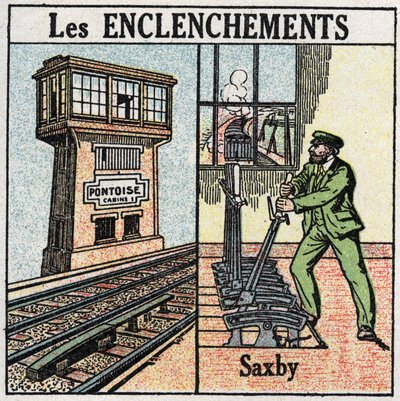 Spoorwegen: vergrendeling. Een spoorweg met een Saxby individuele hendelstation. Anonieme illustratie uit 1925. Privécollectie. door Anonymous Anonymous