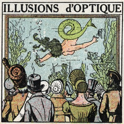 Reflectie van licht: optische illusie. Gebruik van een ijsje om de illusie van een vrouwvis te geven. Anonieme illustratie uit 1925. Privécollectie. door Anonymous Anonymous