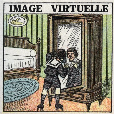 Reflectie van licht: virtueel beeld. Een kind dat zijn reflectie in een spiegel aanschouwt. Anonieme illustratie uit 1925. Privécollectie. door Anonymous Anonymous