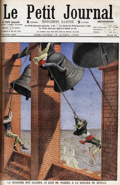 Religieuze gewoonte in Andalusië: De klok luidt op Paasdag bij de Giralda van Sevilla in Spanje. Gravure in de kop van het Petitie Journal door Anonymous Anonymous