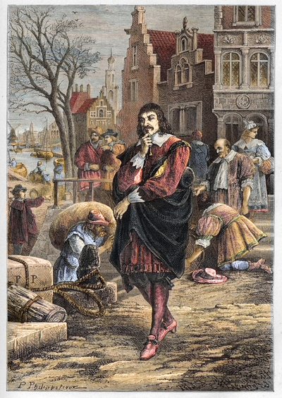 Rene Descartes (1596-1650), Franse filosoof en wiskundige wandelend door de straten van Amsterdam - Descartes in Amsterdam - gravure uit 