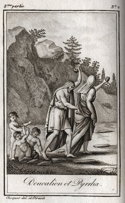 Voorstelling van Deucalion en Pyrrha, de enige overlevenden na de zondvloed veroorzaakt door Zeus om het menselijk ras te vernietigen. Themis vraagt hen na de zondvloed om met bedekt hoofd achter zich de botten van hun moeder (de stenen van de Aarde) te go door Anonymous Anonymous