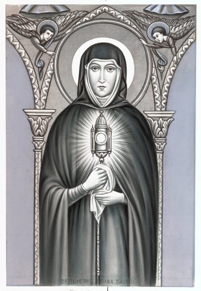 Voorstelling van Sint Clara (Chiara) van Assisi (c.1192-1253), stichter van de religieuze orde van de Clarissen. Vrome afbeelding. Begin 20e eeuw Privécollectie door Anonymous Anonymous