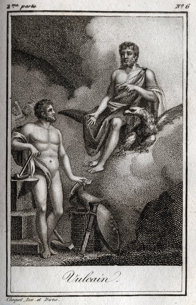 Voorstelling van Vulcanus, god van vuur, smederij en vulkanen. Gravure uit 1819 in 