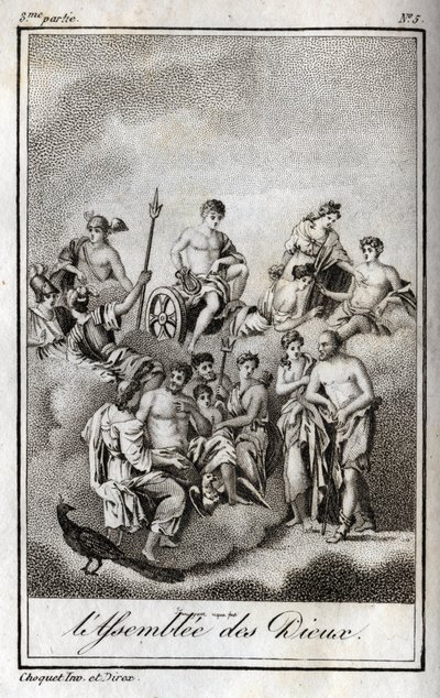 Voorstelling van de Vergadering van de Goden op de berg Olympus of Twaalf Olympiërs. Gravure uit 1819 in "Lettres à Emilie sur la mythologie" door Charles Albert Demoustier (1760-1801). Privécollectie. door Anonymous Anonymous