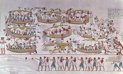 Voorstelling van de Slag bij de Nijl Delta tussen de legers van Ramses III en de Zeevolken. Van een reliëf in de dodentempel van Medinet Haboe, Egypte door Anonymous Anonymous