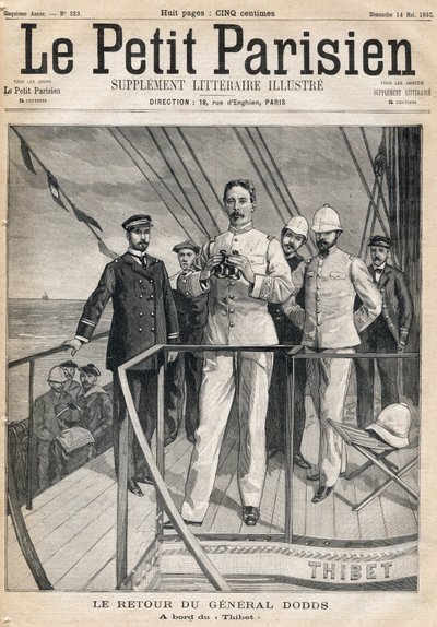 Terugkeer van generaal Alfred Dodds (1842-1922) van de Dahomey-expeditie aan boord van de Thibet. Een van de kranten 