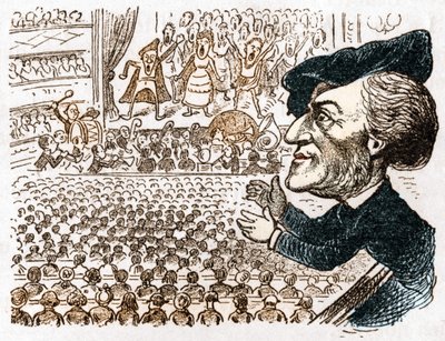 Richard Wagner gebruikt honderden zangers, muzikanten, miljoenen mensen huren zitplaatsen en hij is de enige die applaudisseert. Cartoon over de Duitse componist Richard Wagner (1813 - 1883) uit Les moeurs et la caricature en allemand door J. Grand-Cartere door Anonymous Anonymous