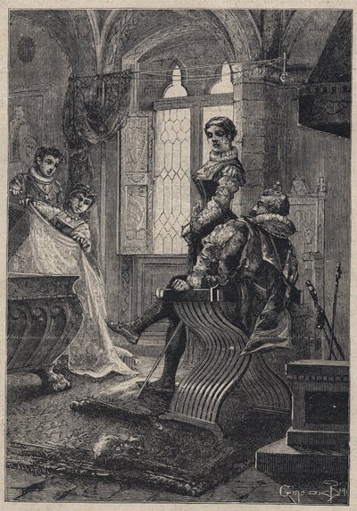 Rodrigo Borgia (Borja) omringd door zijn kinderen (John of Juan of Cesar, Lucrece) in het huis van Vannozza Cattanei - gravure uit 