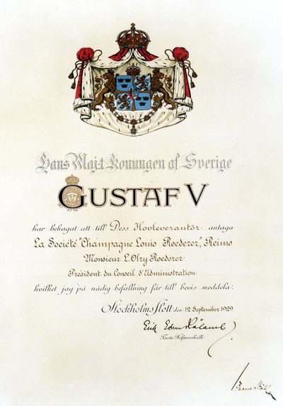 Koninklijk patent toegekend aan Louis Roederer House door de koning van Zweden in 1929 door Anonymous Anonymous