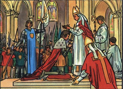 Heilige Koning Karel VII (1422-1461) door de Aartsbisschop van Reims op 17/07/1429 in aanwezigheid van Jeanne d